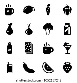 Solid vector icon set - tea vector, lemon, carrot, sweet pepper, pear, onion, broccoli, milk, breads, hot, drink, banana, watermelon, strawberry