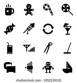 Solid vector icon set - tea vector, cake man, lollipop, candy, firework rocket, refresh, drink, fine signal, plumber, rake, machine tool, allen key set, robot, sailboat toy