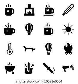 Solid vector icon set - tea vector, fireplace, thermometer, hot, air balloon, green, sun, lounger, fire, grill, casting of steel, soldering iron, dryer