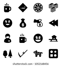 Solid vector icon set - tea vector, smoking area sign, lemon slice, big cash, dollar smile, money bag, encashment, fast backward, manager, green, bungalow, forest, scythe, toy horse, cube hole