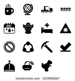 Solid vector icon set - tea vector, globe, fork loader, garland, christmas calendar, angel, hospital bed, tunnel road sign, prohibition, social, rock axe, check, crown, printer wireless