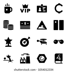 Solid vector icon set - tea vector, vip, identity, cent, coin, dollar, steep roadside road sign, pause, award, target, helicopter, sunglasses, palm, plant, nut, abc book