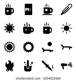 Solid vector icon set - tea vector, coffee machine, thermometer, sun, hot, green, lounger, fire, casting of steel, soldering iron, dryer