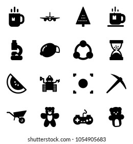 Solid vector icon set - tea vector, plane, christmas tree, lab, lemon, social, sand clock, watermelone, robot, record button, axe, wheelbarrow, bear toy, gamepad