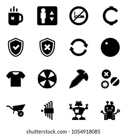 Solid vector icon set - tea vector, elevator, no smoking sign, cent, shield check, cross, refresh, record, t shirt, parasol, screw, rivet, wheelbarrow, allen key set, robot
