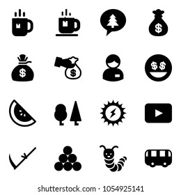 Solid vector icon set - tea vector, merry christmas message, money bag, encashment, manager, smile, watermelon, forest, sun power, playback, scythe, billiards balls, toy caterpillar, bus