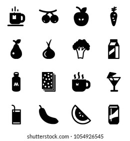 Solid vector icon set - tea vector, rowanberry, apple, carrot, pear, onion, broccoli, milk, breads, hot, drink, banana, watermelone