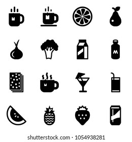 Solid vector icon set - tea vector, lemon slice, pear, onion, broccoli, milk, breads, hot, drink, watermelone, pineapple, strawberry