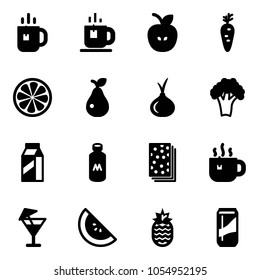 Solid vector icon set - tea vector, apple, carrot, lemon slice, pear, onion, broccoli, milk, breads, hot, drink, watermelone, pineapple