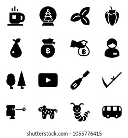 Solid vector icon set - tea vector, snowball tree, three leafs, sweet pepper, pear, money bag, encashment, manager, forest, playback, chisel, scythe, laser lever, toy horse, caterpillar, bus