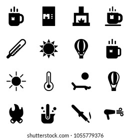 Solid vector icon set - tea vector, coffee machine, fireplace, thermometer, sun, air balloon, green, lounger, fire, casting of steel, soldering iron, dryer