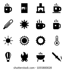 Solid vector icon set - tea vector, coffee machine, fireplace, thermometer, sun, hot, green, air balloon, fire, grill, soldering iron