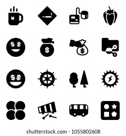 Solid vector icon set - tea vector, smoking area sign, tonometer, sweet pepper, dollar smile, money bag, encashment, shared folder, hand wheel, forest, sun power, atom core, xylophone, toy bus