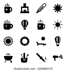 Solid vector icon set - tea vector, fireplace, thermometer, sun, hot, air balloon, green, lounger, grill, casting of steel, soldering iron, dryer