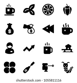 Solid vector icon set - tea vector, three leafs, lemon slice, sweet pepper, money bag, encashment, fast backward, hot, manager, growth arrow, green, bungalow, atom core, chisel, laser lever