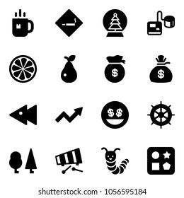 Solid vector icon set - tea vector, smoking area sign, snowball tree, tonometer, lemon slice, pear, money bag, fast backward, growth arrow, smile, hand wheel, forest, xylophone, toy caterpillar