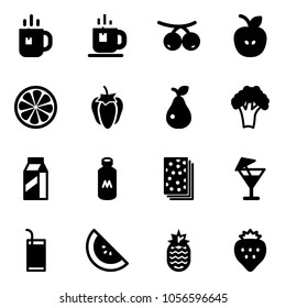 Solid vector icon set - tea vector, rowanberry, apple, lemon slice, sweet pepper, pear, broccoli, milk, breads, drink, watermelone, pineapple, strawberry