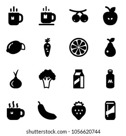 Solid vector icon set - tea vector, rowanberry, apple, lemon, carrot, slice, pear, onion, broccoli, milk, hot, banana, strawberry, drink
