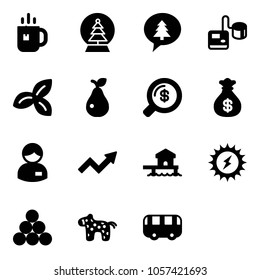 Solid vector icon set - tea vector, snowball tree, merry christmas message, tonometer, three leafs, pear, money search, bag, manager, growth arrow, bungalow, sun power, billiards balls, toy horse