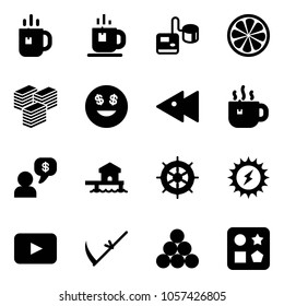 Solid vector icon set - tea vector, tonometer, lemon slice, big cash, dollar smile, fast backward, hot, money dialog, bungalow, hand wheel, sun power, playback, scythe, billiards balls