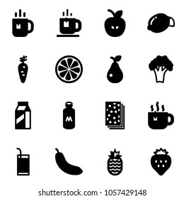 Solid vector icon set - tea vector, apple, lemon, carrot, slice, pear, broccoli, milk, breads, hot, drink, banana, pineapple, strawberry
