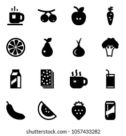 Solid vector icon set - tea vector, rowanberry, apple, carrot, lemon slice, pear, onion, broccoli, milk, breads, hot, drink, banana, watermelone, strawberry