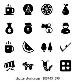 Solid vector icon set - tea vector, snowball tree, lemon slice, pear, money bag, encashment, manager, green, watermelone, forest, scythe, xylophone, toy horse, caterpillar, cube hole