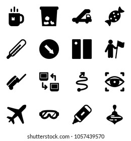 Solid vector icon set - tea vector, trash, trap truck, candy, thermometer, detour road sign, pause, win, suitcase, data exchange, trip, eye scanner, plane, protective glasses, marker, wirligig toy