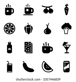 Solid vector icon set - tea vector, rowanberry, carrot, lemon slice, sweet pepper, onion, broccoli, milk, breads, hot, drink, banana, watermelone