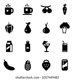 Solid vector icon set - tea vector, rowanberry, carrot, sweet pepper, pear, onion, broccoli, milk, drink, banana, pineapple, strawberry