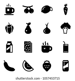 Solid vector icon set - tea vector, rowanberry, lemon, carrot, sweet pepper, pear, onion, broccoli, milk, breads, hot, drink, banana, watermelone, strawberry