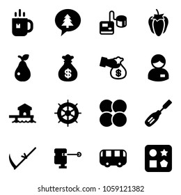 Solid vector icon set - tea vector, merry christmas message, tonometer, sweet pepper, pear, money bag, encashment, manager, bungalow, hand wheel, atom core, chisel, scythe, laser lever, toy bus