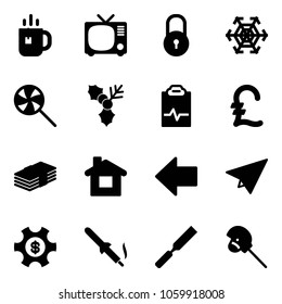 Solid vector icon set - tea vector, tv, lock, snowflake, lollipop, holly, pulse clipboard, pound, dollar, home, left arrow, paper plane, money managemet, soldering iron, rasp, horse stick toy