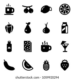 Solid vector icon set - tea vector, rowanberry, lemon, slice, sweet pepper, pear, onion, milk, breads, hot, drink, banana, watermelone, pineapple, strawberry