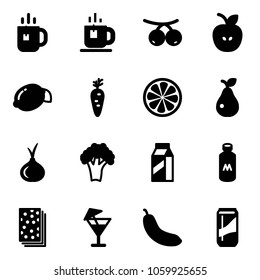 Solid vector icon set - tea vector, rowanberry, apple, lemon, carrot, slice, pear, onion, broccoli, milk, breads, drink, banana