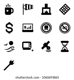 Solid vector icon set - tea vector, side wind, fireplace, pills blister, dollar, account statistics, no dangerous cargo road sign, end minimal speed limit, waves, monoblock pc, satellite, sand clock
