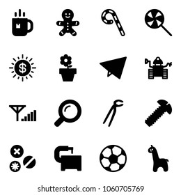 Solid vector icon set - tea vector, cake man, lollipop, dollar sun, flower pot, paper fly, robot, fine signal, magnifier, plumber, screw, rivet, machine tool, soccer ball, toy giraffe