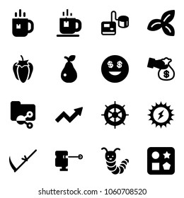 Solid vector icon set - tea vector, tonometer, three leafs, sweet pepper, pear, dollar smile, encashment, shared folder, growth arrow, hand wheel, sun power, scythe, laser lever, toy caterpillar