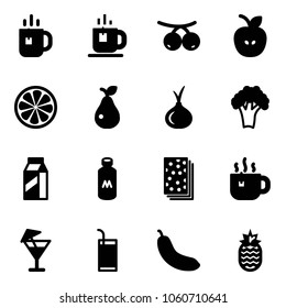 Solid vector icon set - tea vector, rowanberry, apple, lemon slice, pear, onion, broccoli, milk, breads, hot, drink, banana, pineapple