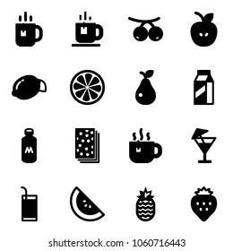 Solid vector icon set - tea vector, rowanberry, apple, lemon, slice, pear, milk, breads, hot, drink, watermelone, pineapple, strawberry