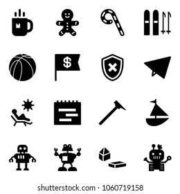 Solid vector icon set - tea vector, cake man, lollipop, ski, basketball ball, dollar flag, shield cross, paper fly, beach, terms plan, mason hammer, sailboat toy, robot, constructor blocks