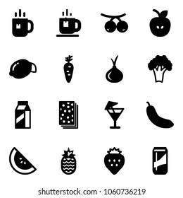 Solid vector icon set - tea vector, rowanberry, apple, lemon, carrot, onion, broccoli, milk, breads, drink, banana, watermelone, pineapple, strawberry