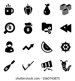 Solid vector icon set - tea vector, sweet pepper, pear, big cash, money search, bag, shared folder, fast backward, manager, growth arrow, watermelone, hand wheel, chisel, scythe, xylophone