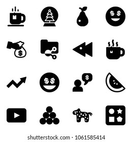 Solid vector icon set - tea vector, snowball tree, pear, dollar smile, encashment, shared folder, fast backward, hot, growth arrow, money, dialog, watermelone, playback, billiards balls, toy horse