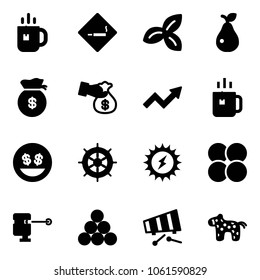 Solid vector icon set - tea vector, smoking area sign, three leafs, pear, money bag, encashment, growth arrow, green, smile, hand wheel, sun power, atom core, laser lever, billiards balls, xylophone