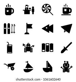 Solid vector icon set - tea vector, passport control, lollipop, ski, flag, fast backward, paper fly, drink, robot, battery, clinch, wheelbarrow, sailboat toy