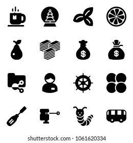 Solid vector icon set - tea vector, snowball tree, three leafs, lemon slice, pear, big cash, money bag, shared folder, manager, hand wheel, atom core, chisel, laser lever, toy caterpillar, bus