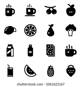 Solid vector icon set - tea vector, rowanberry, apple, lemon, slice, pear, broccoli, milk, breads, hot, drink, watermelone, pineapple, strawberry