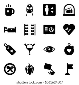 Solid vector icon set - tea vector, train, elevator, hotel, plane seats, safe, heart pulse, medical label, bladder, eye, stopwatch, fork spoon plate, sweet pepper, cereal, flag