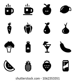 Solid vector icon set - tea vector, apple, lemon, carrot, sweet pepper, pear, onion, broccoli, milk, drink, banana, watermelone, pineapple, strawberry